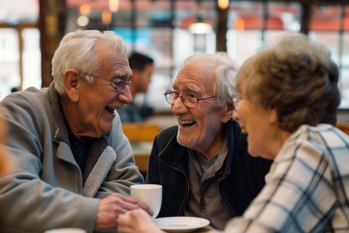 Group of senior men and women friends spend quality time together in a cozy indoor cafe. Mature individuals from diverse ethnic backgrounds share laughter and conversation.